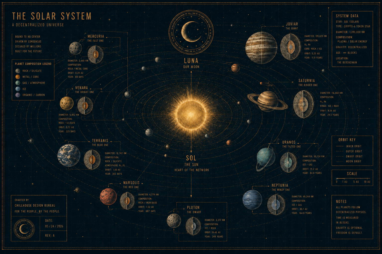 Celestial system chart featuring Luna